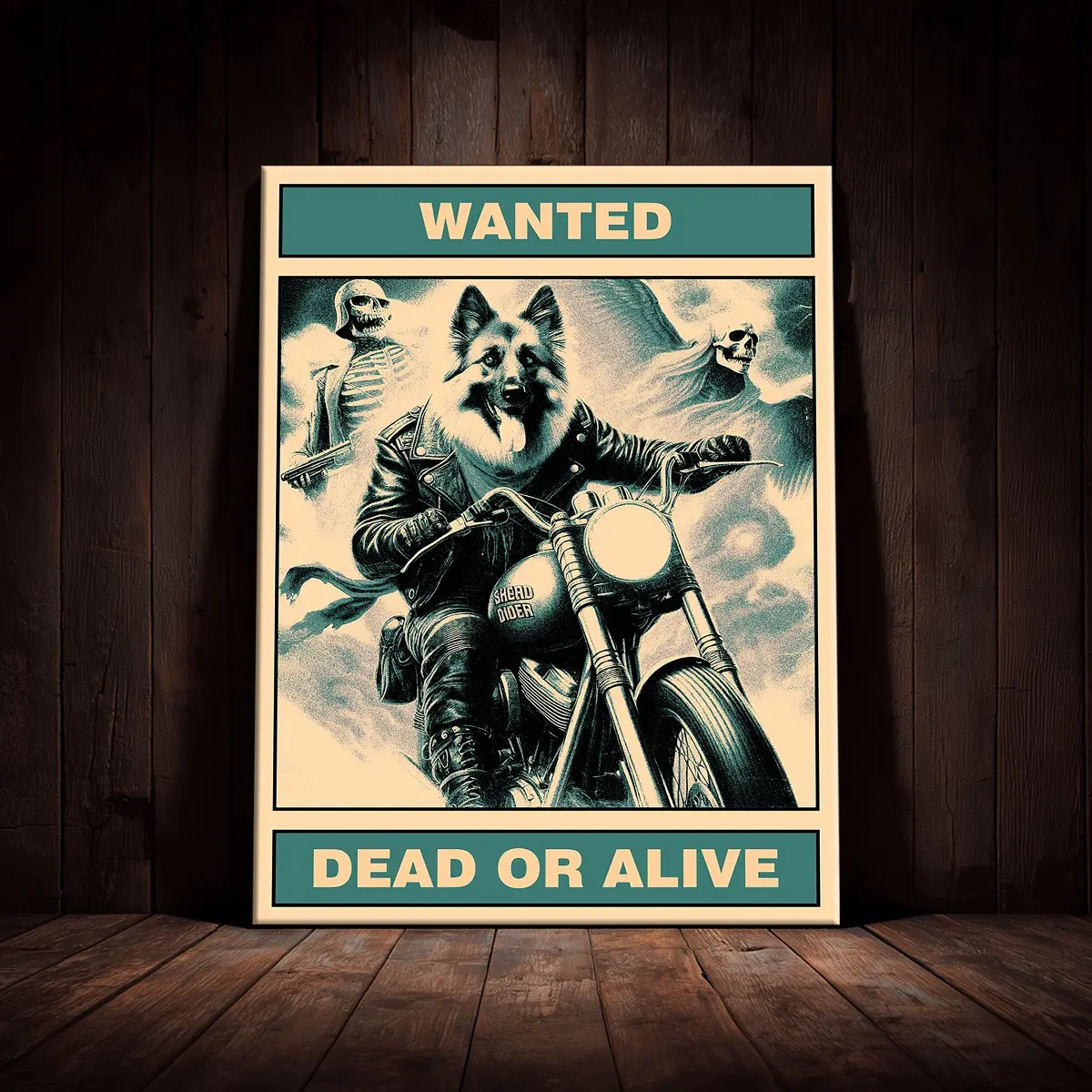 1 Count Halloween Wooden Framed Canvas, Skeleton, Wanted Motorcycle Dog Poster, Halloween Decorative Poster, Horror Party Hanging Picture, Modern Art Living Room, Bedroom, Family Decoration, Interesting Poster, Waterproof, Wall Art