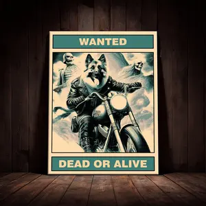 1 Count Halloween Wooden Framed Canvas, Skeleton, Wanted Motorcycle Dog Poster, Halloween Decorative Poster, Horror Party Hanging Picture, Modern Art Living Room, Bedroom, Family Decoration, Interesting Poster, Waterproof, Wall Art