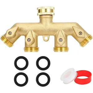 STYDDI 4 Way Heavy Duty Garden Hose Splitters, Solid Brass 4-Way Water Hose Splitter Outdoor Faucet Spigot Connector, 4 Valve Garden Tap Hose Adaptor with 4 Hose Washers