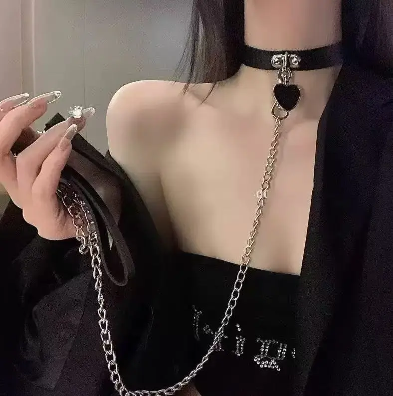 Goth Heart Choker with Chain Leash | Punk PU Leather Necklace | Y2K Harajuku Collar | Alt Fashion Accessories