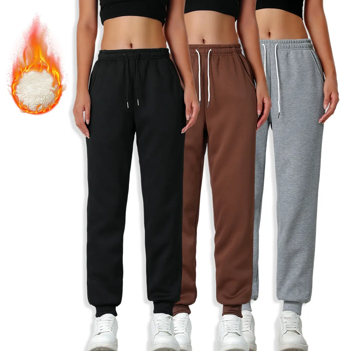 Women’s 3-piece long pants set, fleece-lined for warmth, casual athletic pants with elastic waistband and drawstring, pockets included, windproof thermal leggings suitable for home and outdoor wear, women’s bottoms season trouser