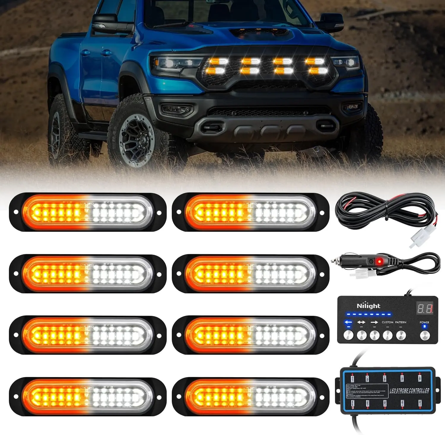 Nilight 8PCS 12-LED Strobe Lights Kit with Sync Controller - 12-24V Power Aluminum Surface Mount, Vehicle Accessories, Truck Accessories, Strobe Lights for Trucks, Car Tractor Pickup Module,car accessories