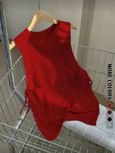Spring Autumn Simple Round Neck Lace-Up Knit Vest Top, Fashion Casual Fitted Design, Versatile Plain Sweater for All Seasons