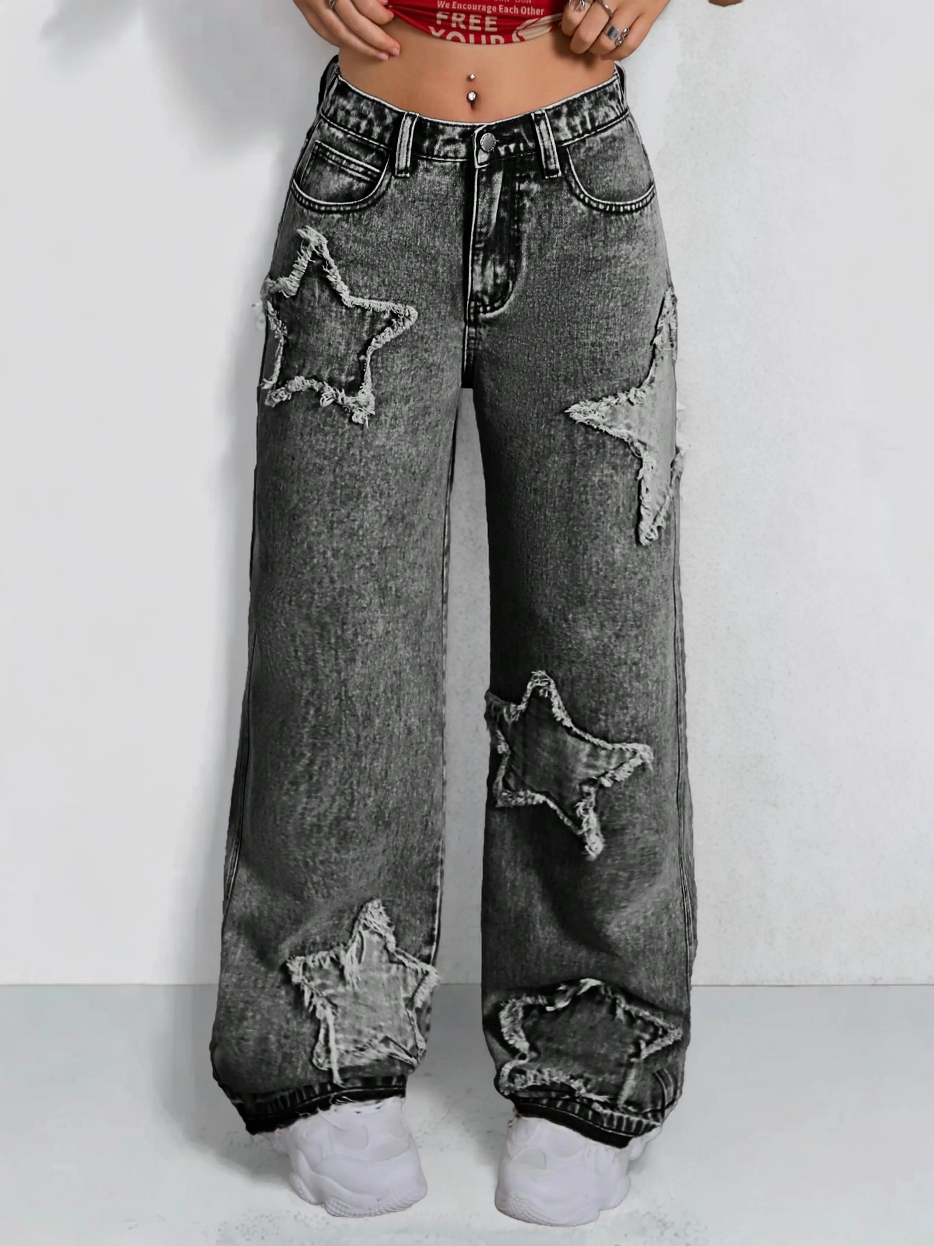 Teens baggy jeans for girls,Y2K Style Denim Pants Star-Patterned Wide-Leg Girls Jeans size 13-16Y,