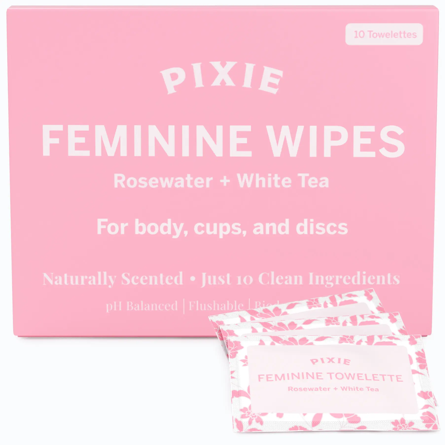 Pixie Feminine Wipes – Naturally Scented Rosewater + White Tea – Flushable, Biodegradable & pH Balanced – Individually Wrapped Wipes for On The Go – Cleaner for Menstrual Cups & Discs (10 Count)