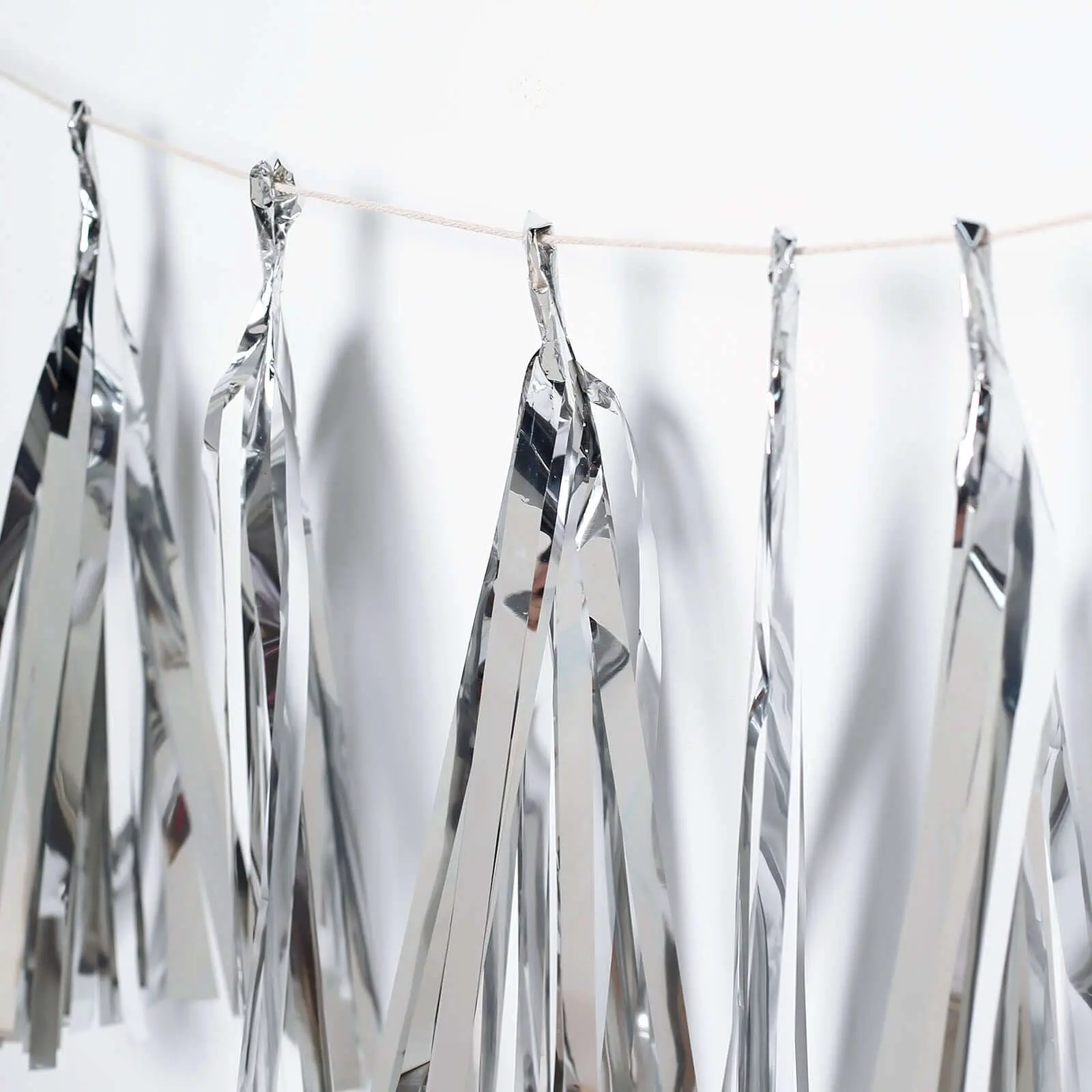 Metallic Silver Foil Tassels Fringe Garland - Hangable 7.5ft Tinsel Streamer, Party Decoration Supplies for Baby Shower Ready Backdrop with Silver Foil Shine & Ceiling Hang Effect