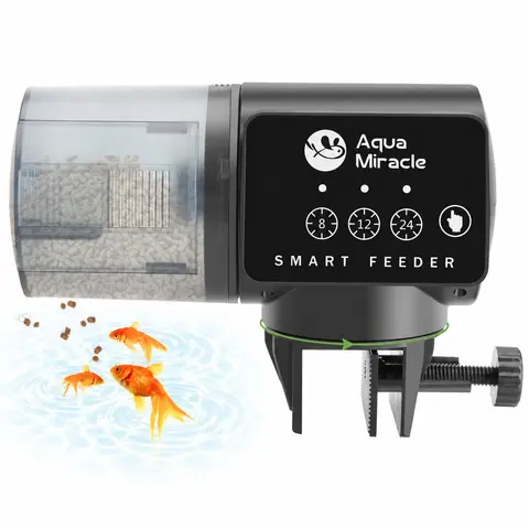 AquaMiracle Automatic Fish Feeder for Aquarium - Auto Food Dispenser for Fish/Turtles with Timer Control, Moisture-Proof Plastic Drum, Volume Adjustment, 360° Rotation Fits Tank Layout, Bracket or Sticker Mount, Suitable for Granules, Pellets, Strips