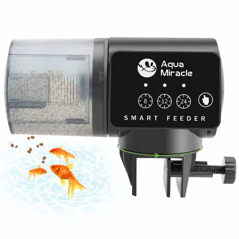 AquaMiracle Automatic Fish Feeder for Aquarium - Auto Food Dispenser for Fish/Turtles with Timer Control, Moisture-Proof Plastic Drum, Volume Adjustment, 360° Rotation Fits Tank Layout, Bracket or Sticker Mount, Suitable for Granules, Pellets, Strips