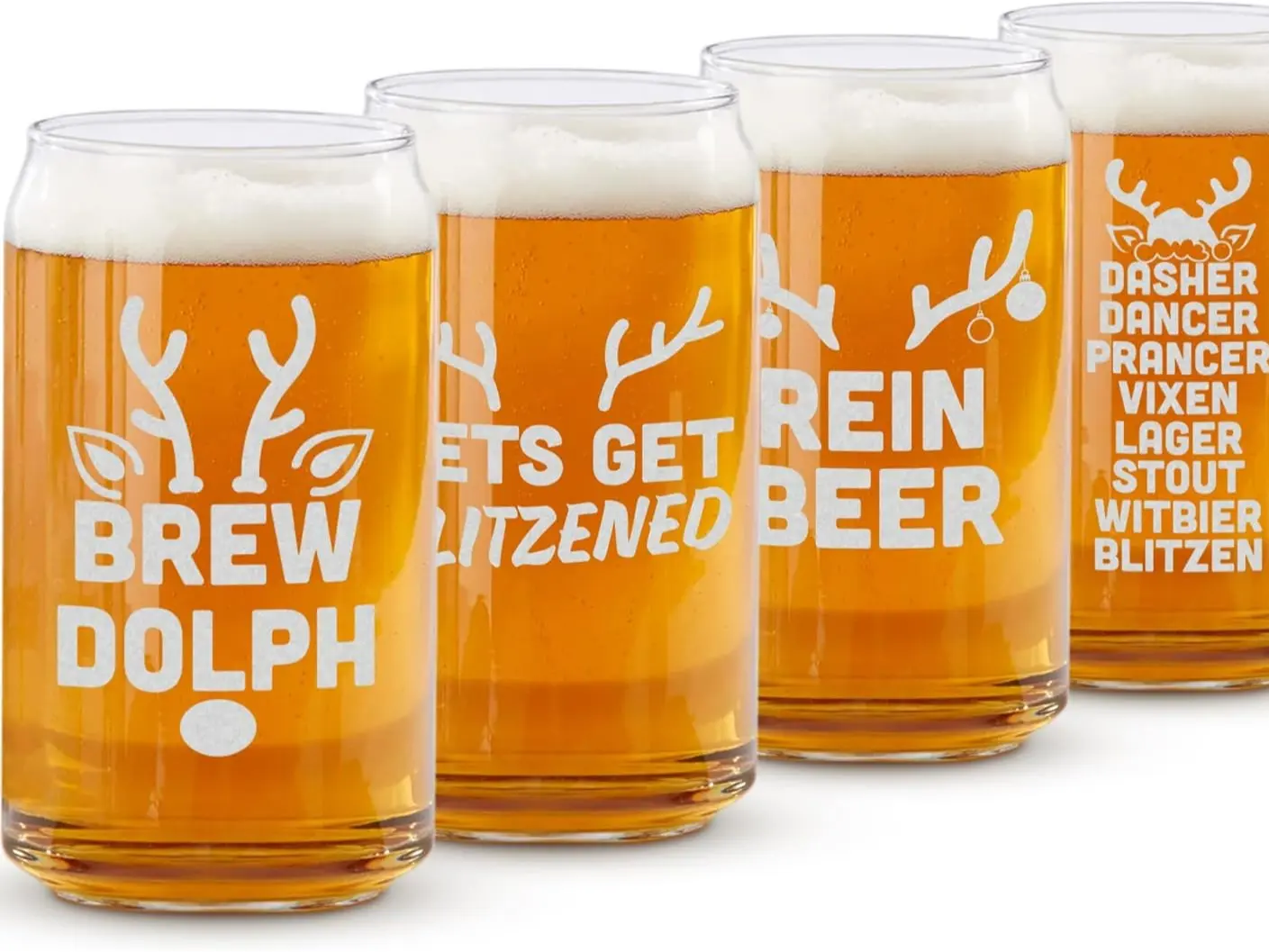 On The Rox Drinks Funny Christmas Beer Glasses -  Reindeer Holiday Beer Can Glass Set of 4 - Christmas Drinking Glasses and Drinkware - Beer Gift Sets for Christmas Sturdy