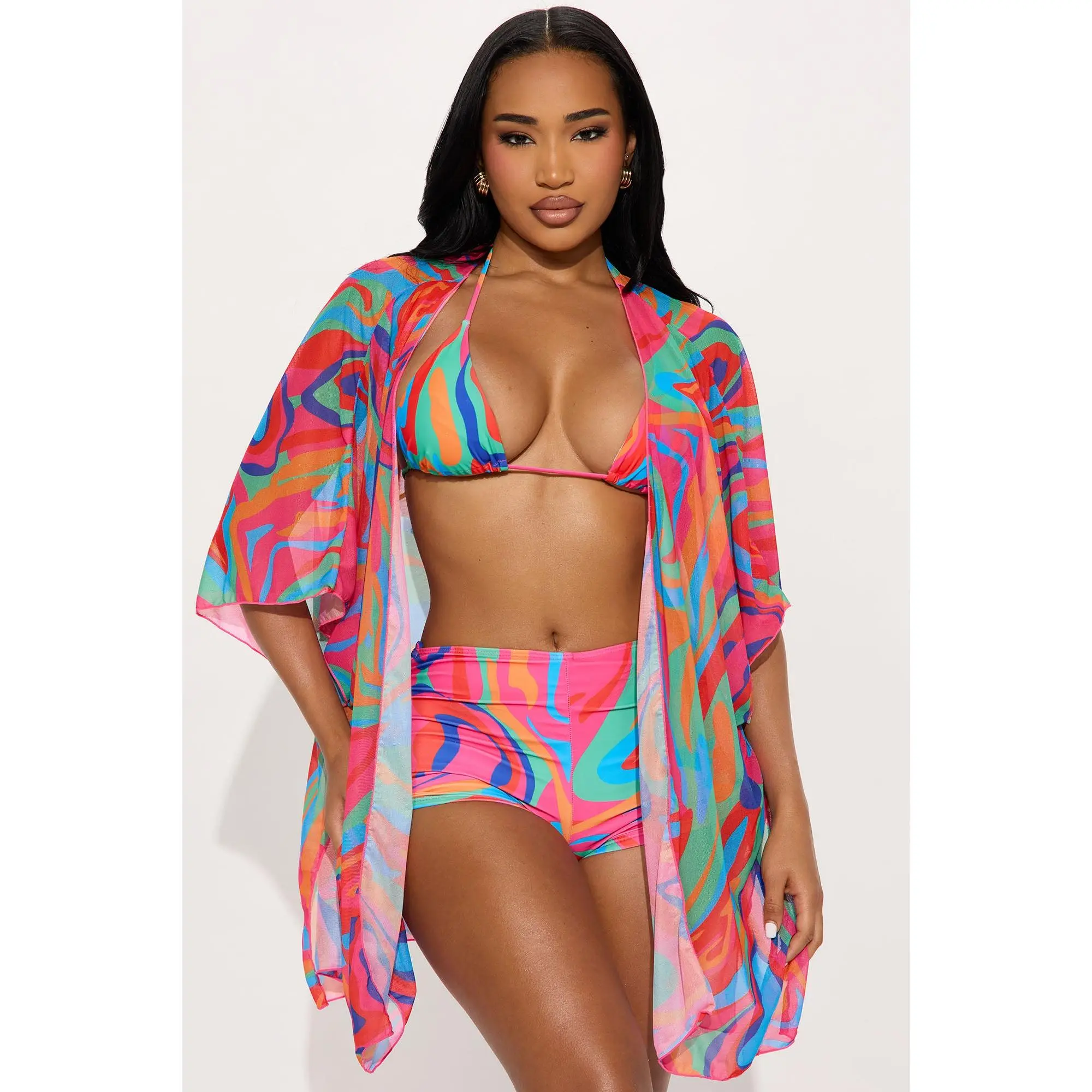 Kairi Ruched Boyshort & Kimono 3 Piece Bikini Set - Multi Color Kairi Ruched Boyshort & Kimono 3 Piece Bikini Set - Multi Color