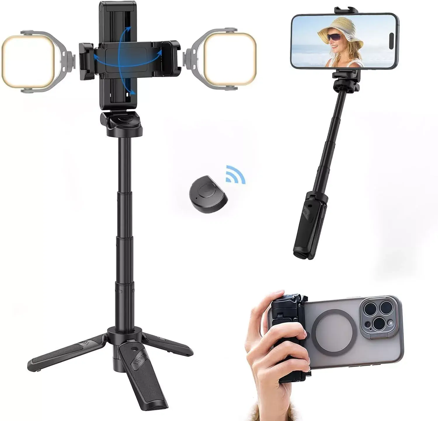 ULANZI JJ02 Selfie Stick Tripod, Extendable Grip Phone Tripod with Detachable Remote Pocket Size, Cellphone Accessories, 3-in-1 Mini Phone Grip 2 Cold Shoe, 10m/393.7'' Wireless Shutter, Vlog Livestreaming Photography