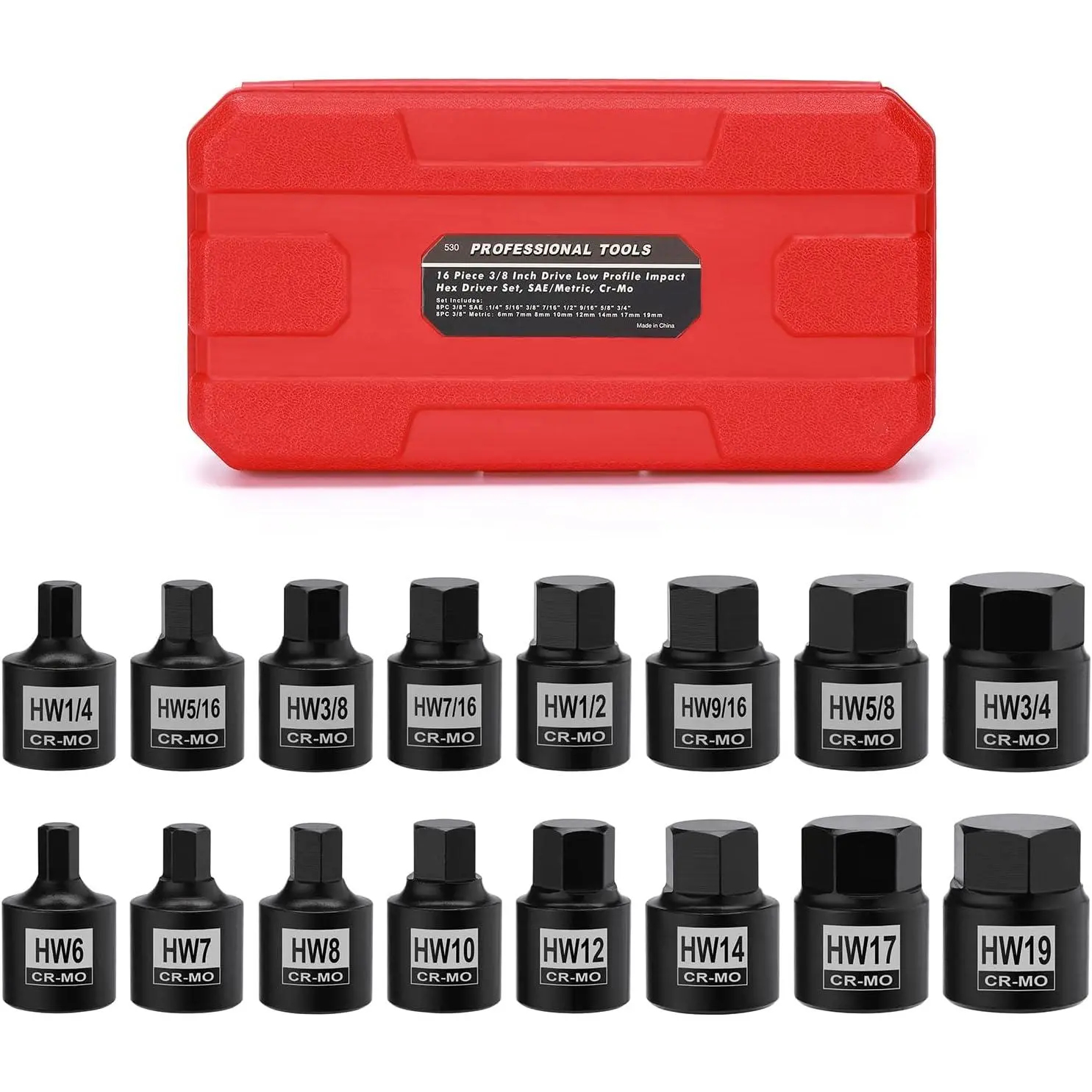 16 count 3/8" Drive Low Profile Hex Socket Set, Impact Allen Bit Socket, CR-MO, 1/4"-3/4", 6mm-19mm, SAE&Metric