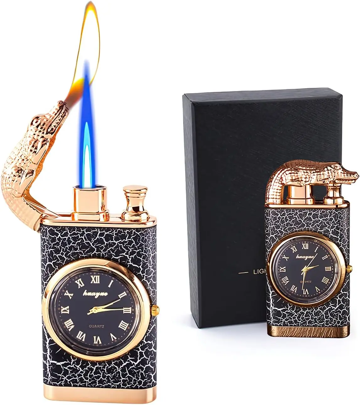 Butane Lighter with Watch Double Flame Windproof Adjustable Refillable Knob Suitable for Indoor Outdoor Use for Men Gas Not Included