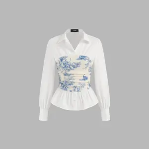 Cider [size 2-10] V-neck Toile de Jouy Ruched Long Sleeve Blouse Dealsforyou