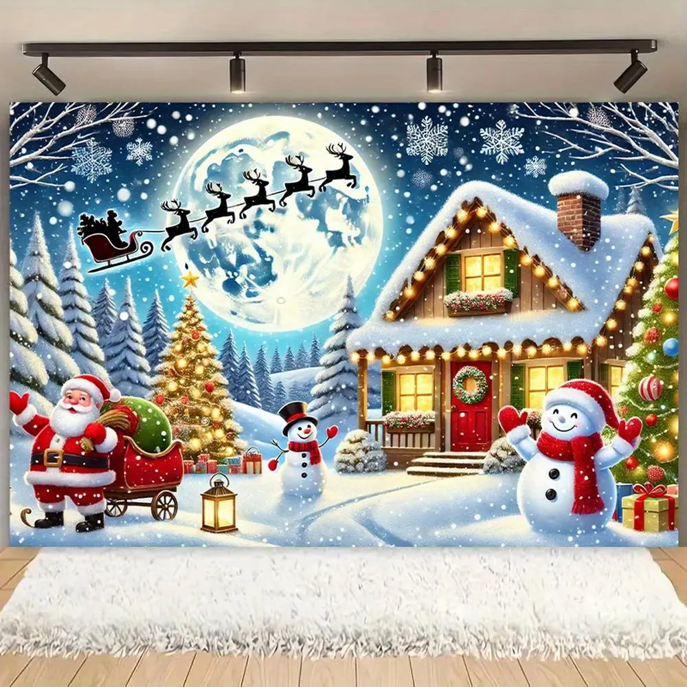Polyester Santa & Snowmen Christmas Winter Scene Backdrop Cloth Banner, Home & Room Wall Hanging, Festive Party Decor Supplies, Indoor-Outdoor Event Decoration (No Ornaments Included)
