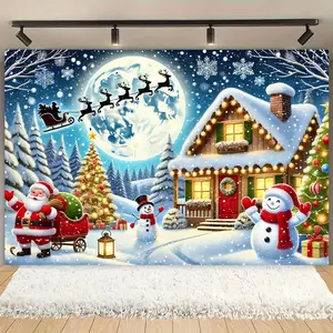 Christmas Snow Scene Backdrop Cloth Banner Santa & Snowmen Design Polyester Wall Hanging for Indoor & Outdoor Decor Festive Wall Art for Living Room Bedroom Office Party No OrnamentsDecoration
