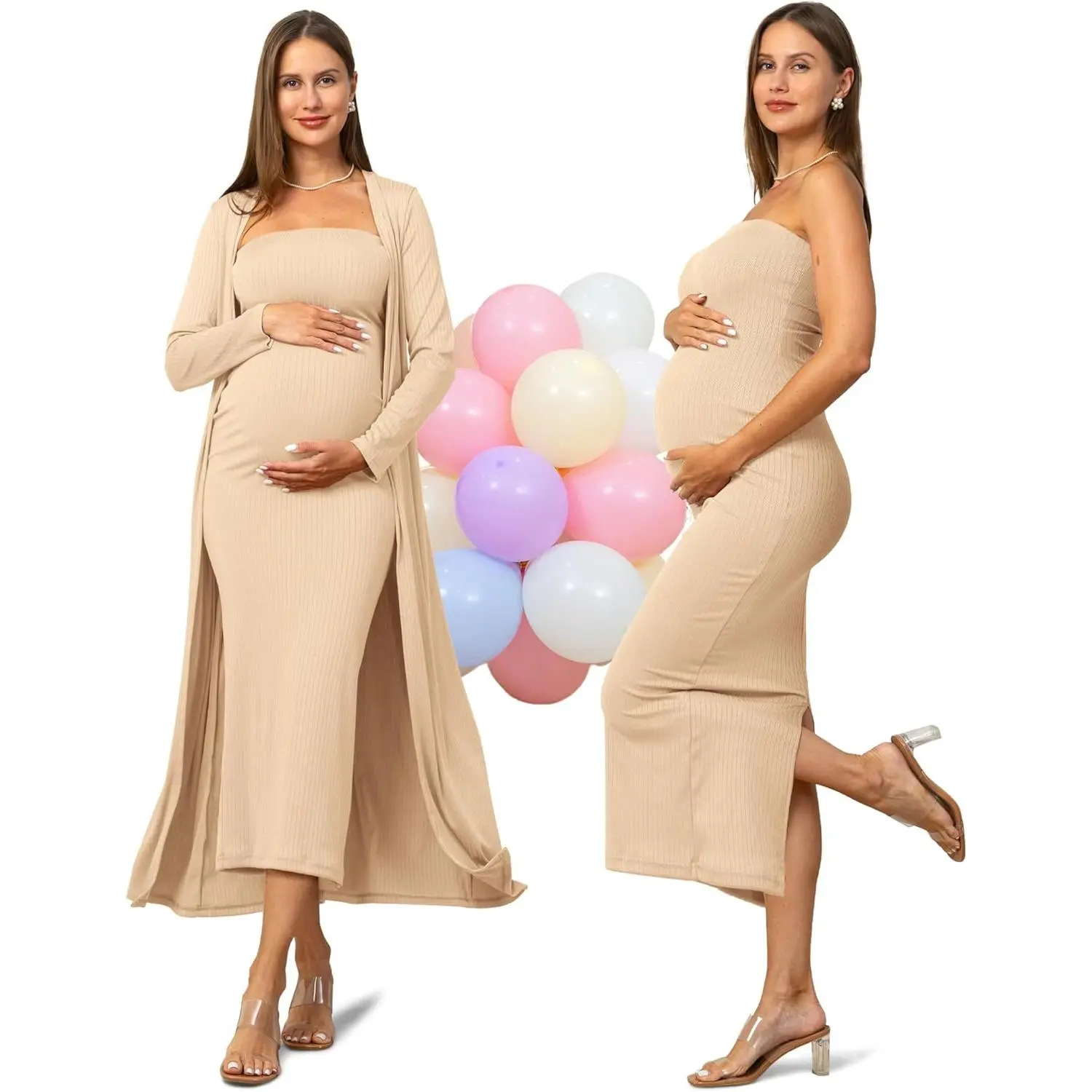 2-Piece Maternity Outfit with Cardigan, Stretchy Bodycon Strapless Maxi Dress for Pregnancy Photoshoot, Baby Shower, and Postpartum Wear, Maternity Clothing