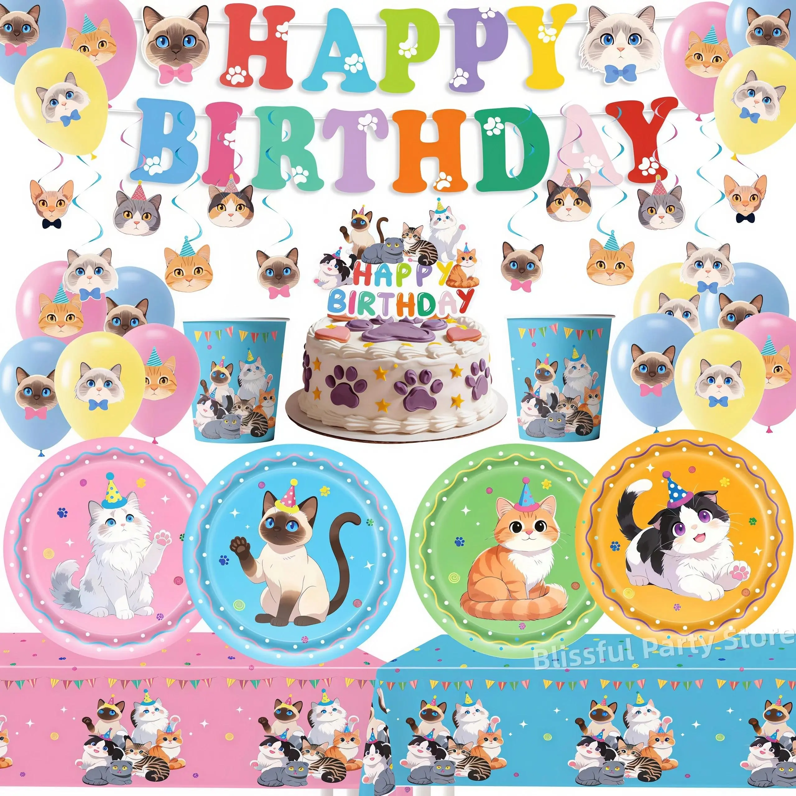 Cat Theme Multi-Pieces Animals Happy Birthday Pet Party Decoration Kit - Cute Kitties Table Decor Set with 1 Banner, 18 Balloons, Cups, Plates, Tablecloth, Gifts, Home Supplies, 1Pcs Cake Topper, 10Pcs 7Inch Plates