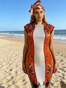 1dress+1headscarf Boho Chic Pleated Long Dress – Retro Luxury Chain Pattern Formal Dress for Wedding Guest, Cocktail & Vacation | Comes with FREE Coordinating Headwrap