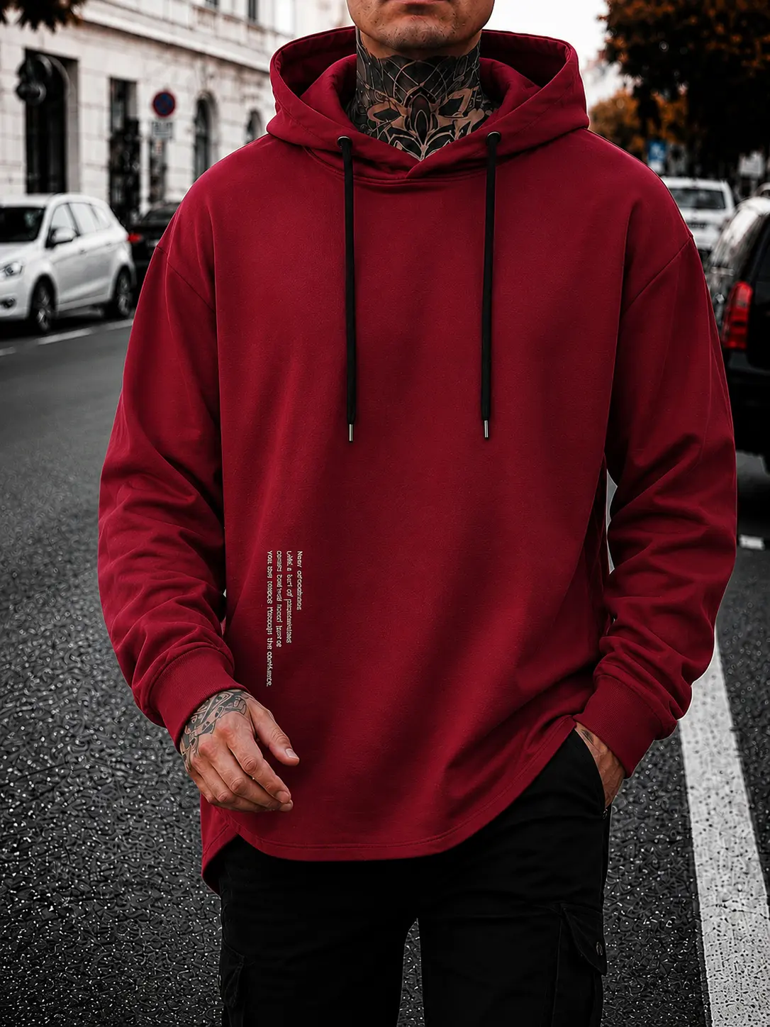 Men’s casual minimalist hooded knit sweatshirt with letter print design; comfortable, skin-friendly fabric that is breathable—suitable for outdoor leisure, home life, daily commuting, and trendy everyday outfits.