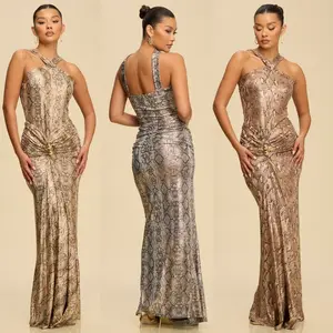 Golden Halter Maxi Dress – Luxury Bodycon Evening Gown for Women | La Belle Gina Boutique