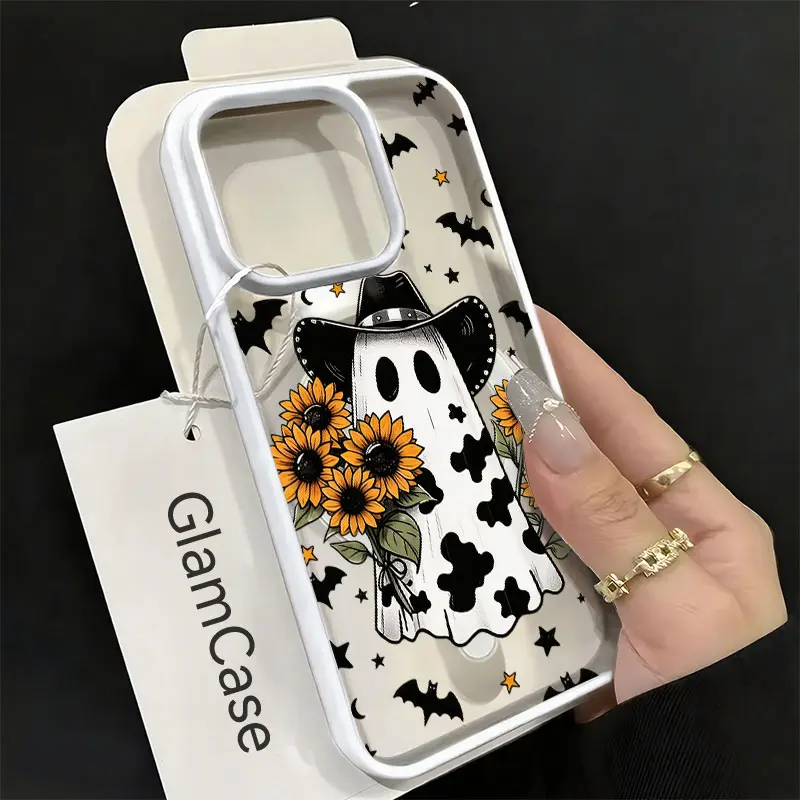 Western Cowboy Ghost Sunflower Phone Case,Cow Print Ghost with Bat Star Moon Halloween Design for iPhone 17 16 15 14 13 12 11 Plus Pro Max,Rustic Spooky Fall Western Gift