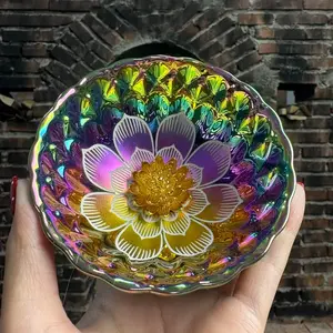 Tea Bowl Artisan Porcelain - Iridescent Rainbowtoliday HaulEnamel with 3D Golden Lotus Flower & Wavy Rim