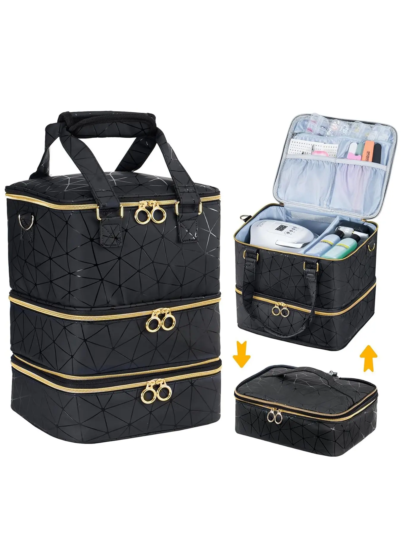 Nail Polish Storage Bag, Nail Supplies Organizer, Three-Layer Manicure Tool Organizer Box, PU Leather Zip Holds 60 Nail Polishes and LED Lights, Suitable for Various Scenarios, Makeup Storage Bag