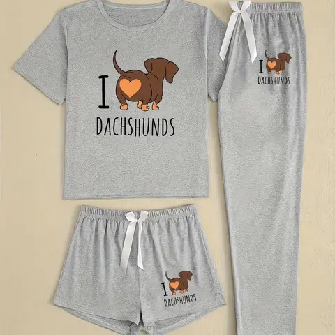 Women's Cartoon Sausage Dog Letter Print Pajama Set, Printed Pajama Set, Matching Pj Set, Fitted Sleepwear for All Seasons, Casual Style Three-Piece Loungewear