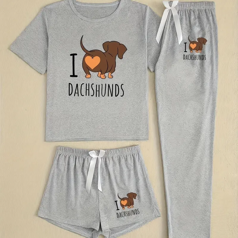 Women's Cartoon Sausage Dog Letter Print Pajama Set, Printed Pajama Set, Matching Pj Set, Fitted Sleepwear for All Seasons, Casual Style Three-Piece Loungewear