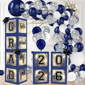 Navy Blue Graduation Decorations 2026 - Set of 4 Grad Balloon Boxes with 139pcs Balloon Arch Garland Kit & 4 Lighted Strings - So Proud of You 2026 Graduation Decorations
