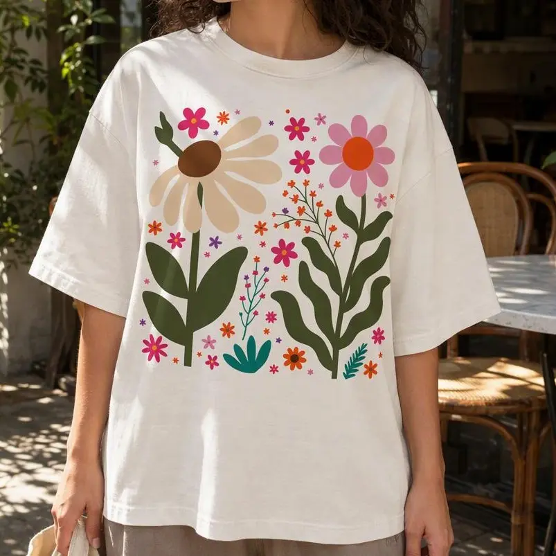 Women's 100% Cotton Boho Botanical Floral Tops - Breathable Retro Daisy Graphic Plus Size T-shirts