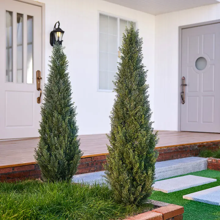 VeriNatural Artificial Cedar Topiary Trees (24–60 Inch) – Set of 2 with Ground Spike, UV-Resistant Faux Cypress for Indoor Outdoor Porch & Garden Decor Realistic Faux Plant