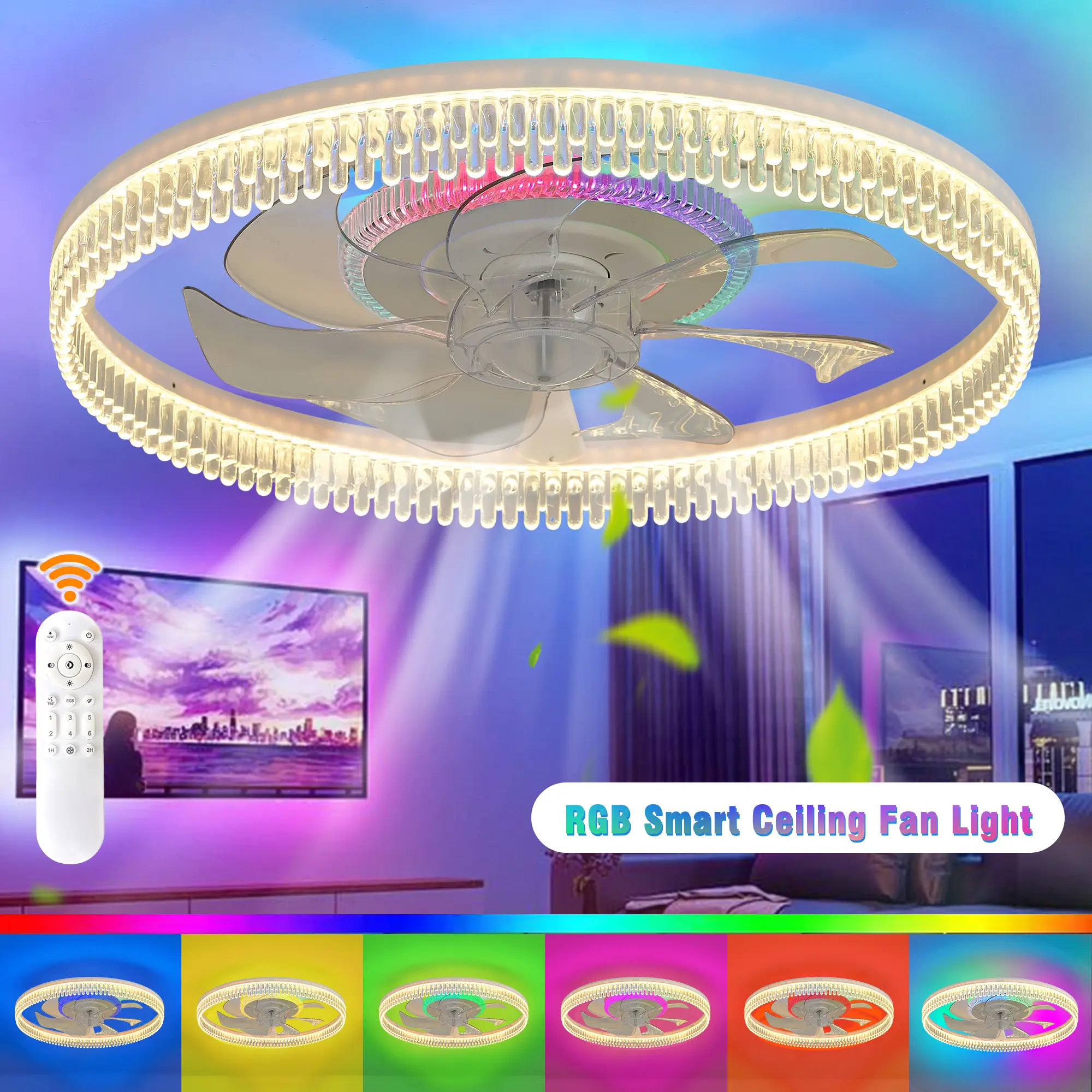 Ceiling Fan with RGB Lights Remote Control, Flush Mount Ceiling Fan with 6 Speeds & 3 Color Temperature 3000-6000K RGB Mode Dimmable for Living Room Bedroom