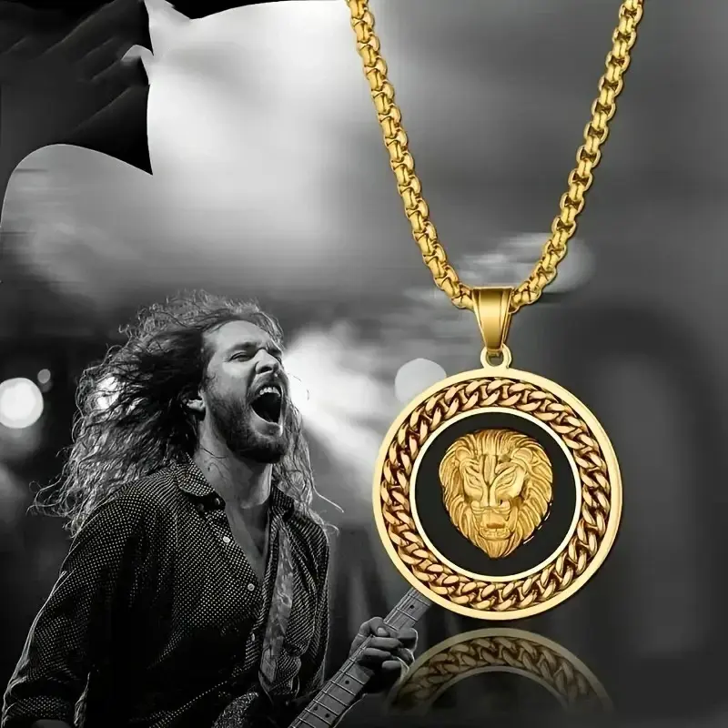 MaxBling81 Men's Stainless Steel Gold-Finished Lion Head Medal Pendant Necklace Set, 3mm 24in Rolo Chain, Casual Bling Fashion Accessory for Males, Bling Stylish Accessory, 43Mm (Diameter), Animal, Chain & Link, Daily, Metal Coating, Zircon, Synthetic/Sim