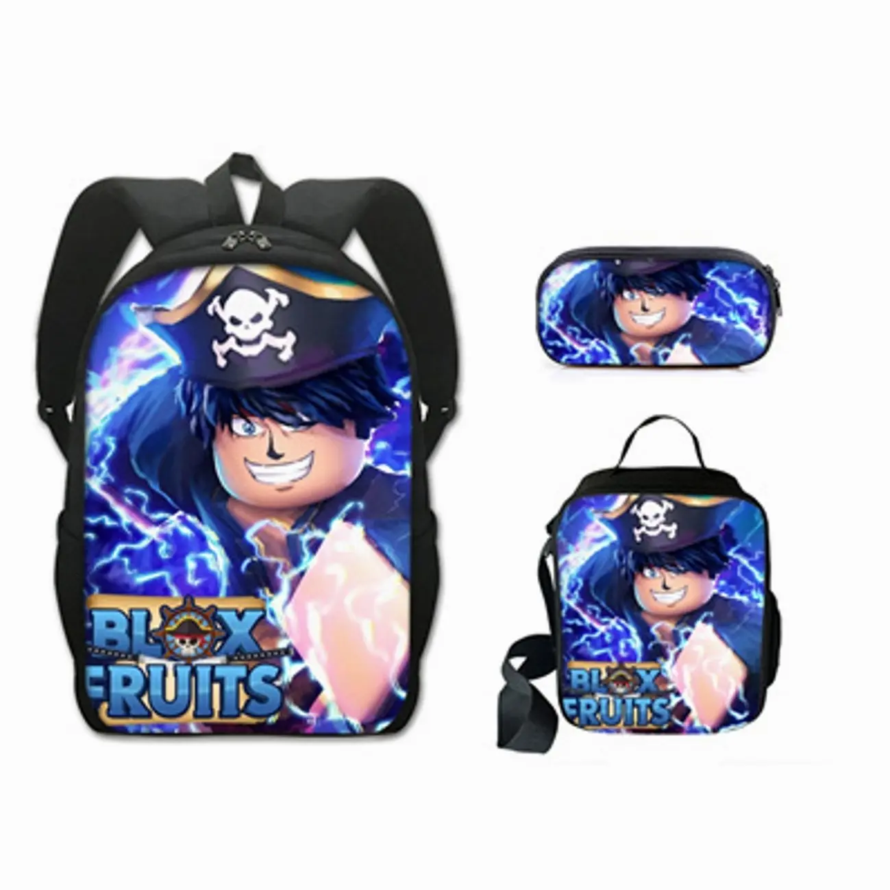Anime Pirate Fruit Squad Student School Bag Set | 3Pcs Laptop Backpack Insulated Lunch Tote Pencil Pouch | Fun Student Gift Box