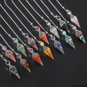 Natural Stone Dowsing Pendulum - Unisex Spiritual Reiki Crystal with Pointed Tip, Orgone Hexagonal Chips for Meditation, Divination, Natural Stone Pendant