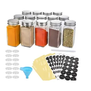 Glass Spice Jars with Spice Labels -14 Pcs. 4oz Empty Square Spice Bottles - Seasoning Multifunction Waterproof Canister Airtight Kitchen Lid