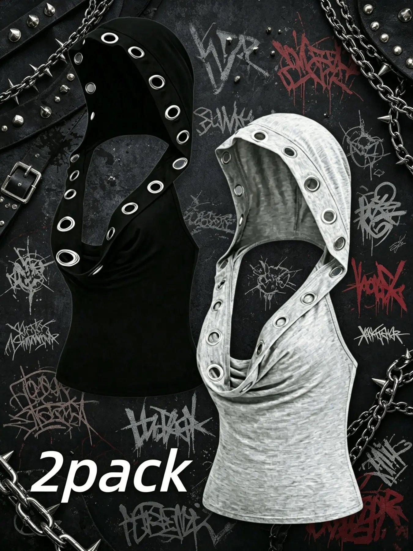 Trendy Gothic Women's Retro Sexy Y2K Music Festival Punk Cut Out Backless Hooded Tank Top Set, Two-Piece, Fashionable, Stylish and Chic