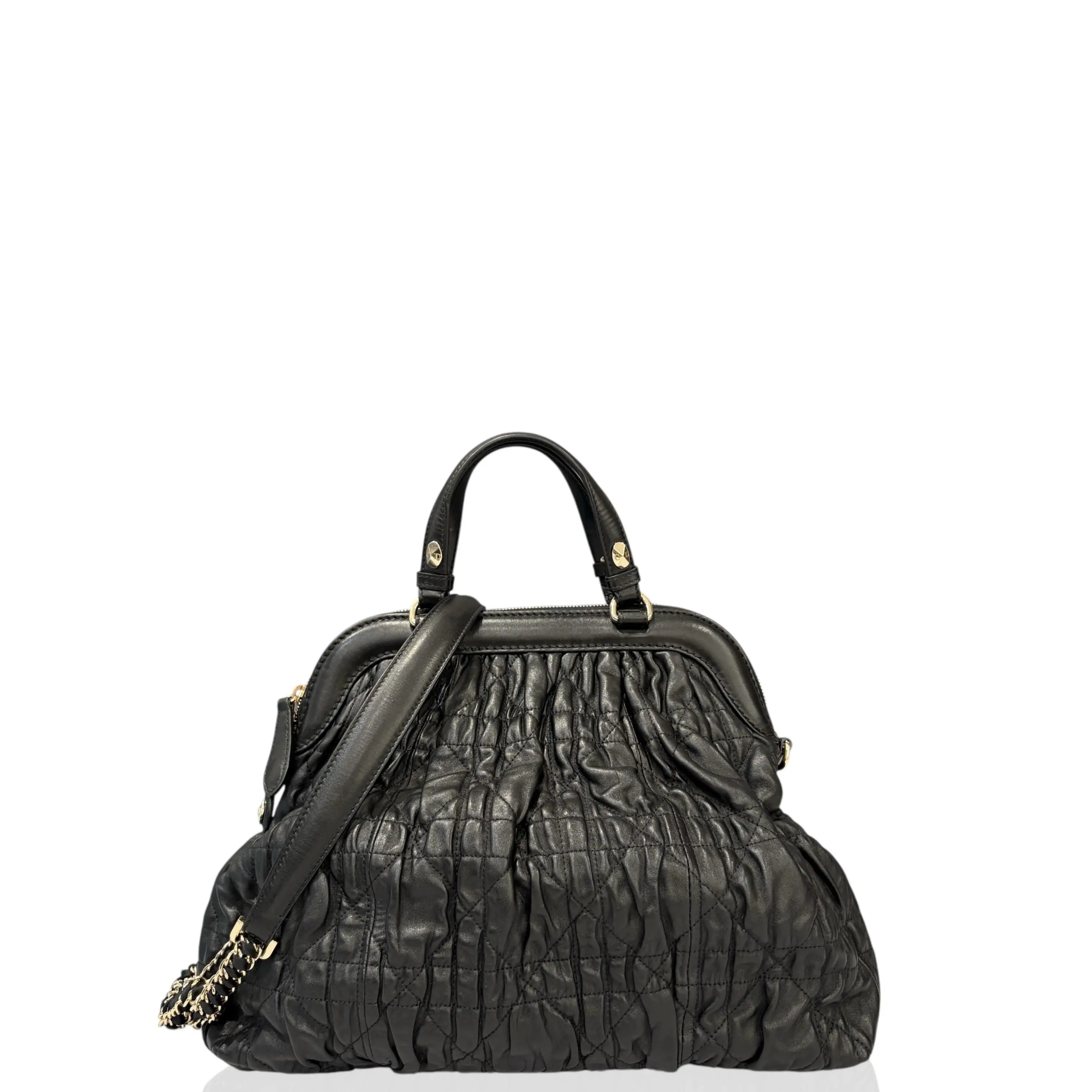 Pre-owned Dior Leather tote bags Delices Satchel Crumpled Lambskin Black (yy032926a0)