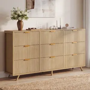 【Deals For You】9 Fabric Drawer Dresser for Bedroom, 57" Fluted Wooden Chest with Fabric Drawers, Modern Media Console & TV Stand for 35/45/55 Inch TV, Large Storage Organizer Cabinet with Reinforced Base