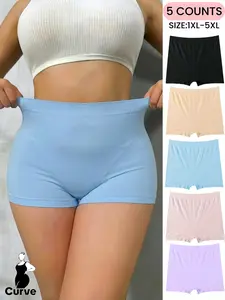 5-Pack Plus Size Women's Panties Soft Comfortable Smooth Mid-Waist Seamless Boxer Shorts, Non-Roll Edge Design, Elastic Waistband for All Seasons