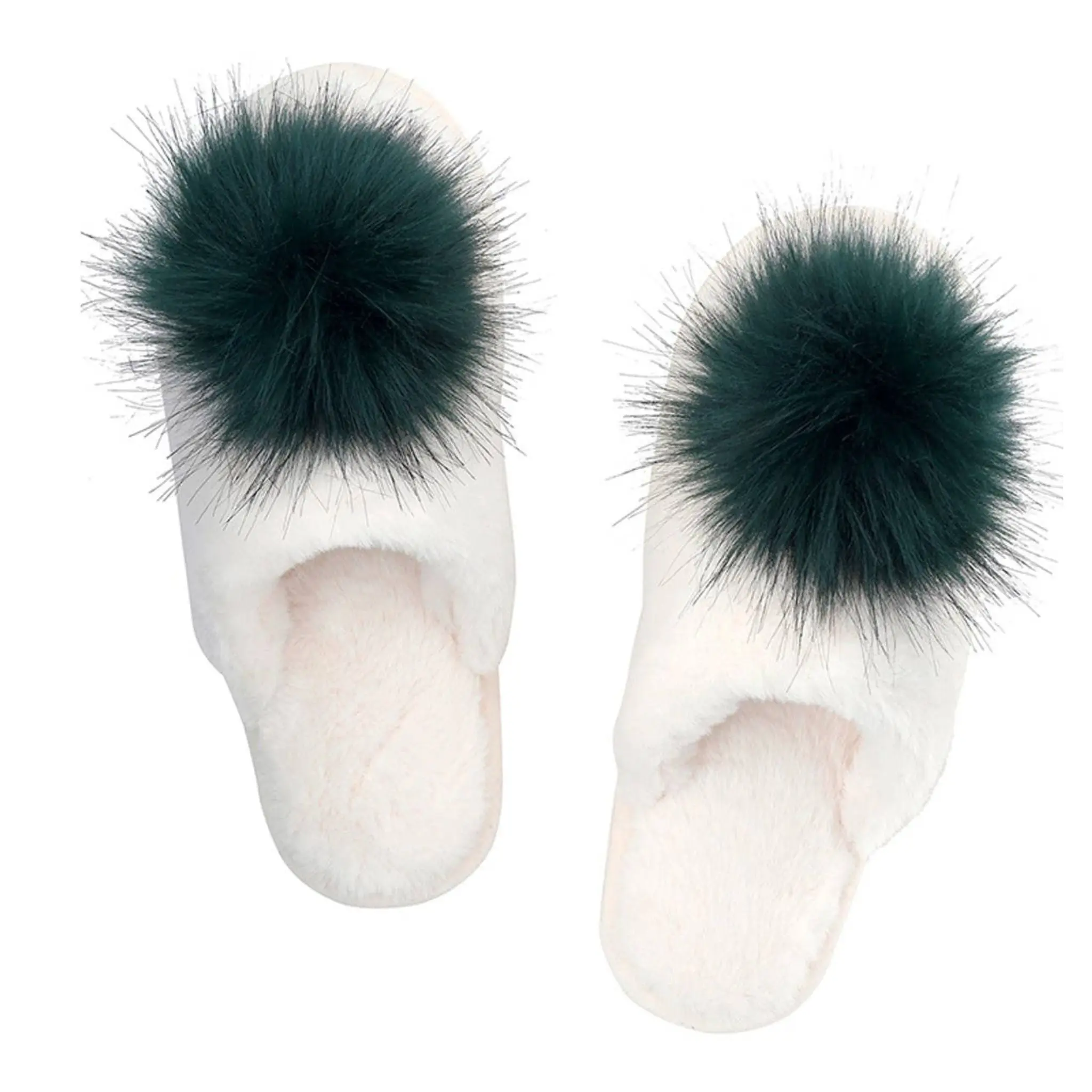 Plush Slippers - Ivory + Forest Green Pom Pom