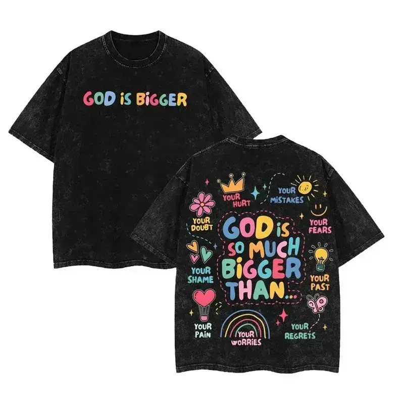God Is Bigger Graphic T-Shirt | Vintage Washed Heavyweight 100% Cotton Oversized Tee | Faith Based Mental Health Apparel | Acid Wash Y2K Retro Streetwear Unisex Top,clothes for back to school,first day of school outfits