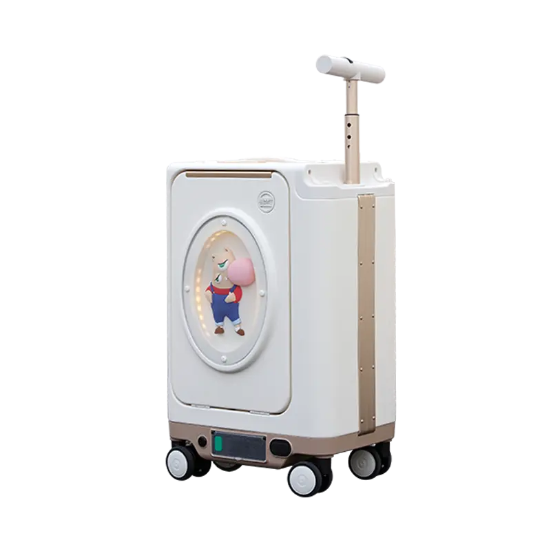 Summit Electric Ride-On Unisex Adult Luggage Solutions - Beige Polycarbonate Moveable Wheel Carry-On with Illuminated Glowing Cute Character, TSA Lock, Spinner Wheels, Compact Travel/Daily Use, Stylish Functional Dry Clean Compatible