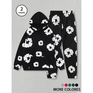 Men's All Over Print Drop Shoulder Hoodie & Drawstring Waist Sweatpants Two-piece Set, Casual Fashion Cozy Two Piece Outfits for Daily Wear, Men's Clothes for Fall & WinterGift