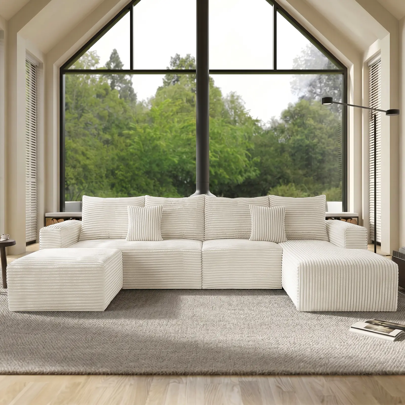 【Summerfinds】Joylsle 137" Black/Grey/Beige/Khaki Comfy Corduroy Modular Sectional Sofa, Convertible L/U-Shape Layout for Family Gathering & Movie Night, Flexible 6-Seat Living Room Furniture Set, 3 Packages Includes 1 Chaise, 1 Ottoman & 2 Throw Pillows