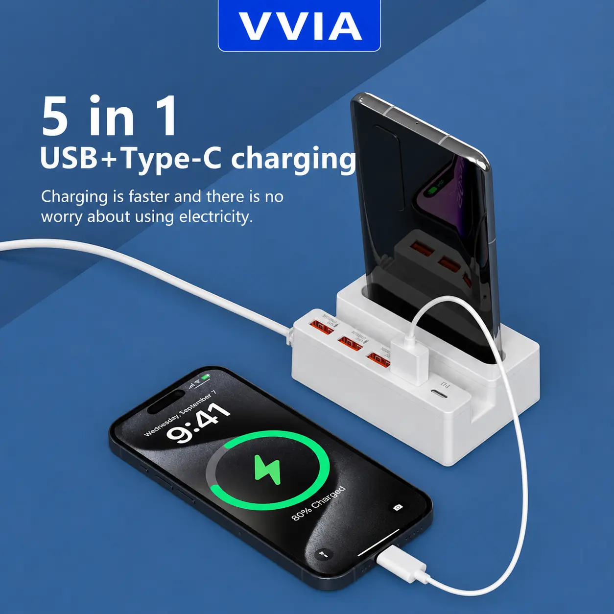  5 IN 1 65W Electronic Compact Travel Charger - 3 USB Ports, 1 Type-C Port, Built-In Stand & Amplifier for Fast Charging, Mobile Phone & Tablet Compatible Power Strip