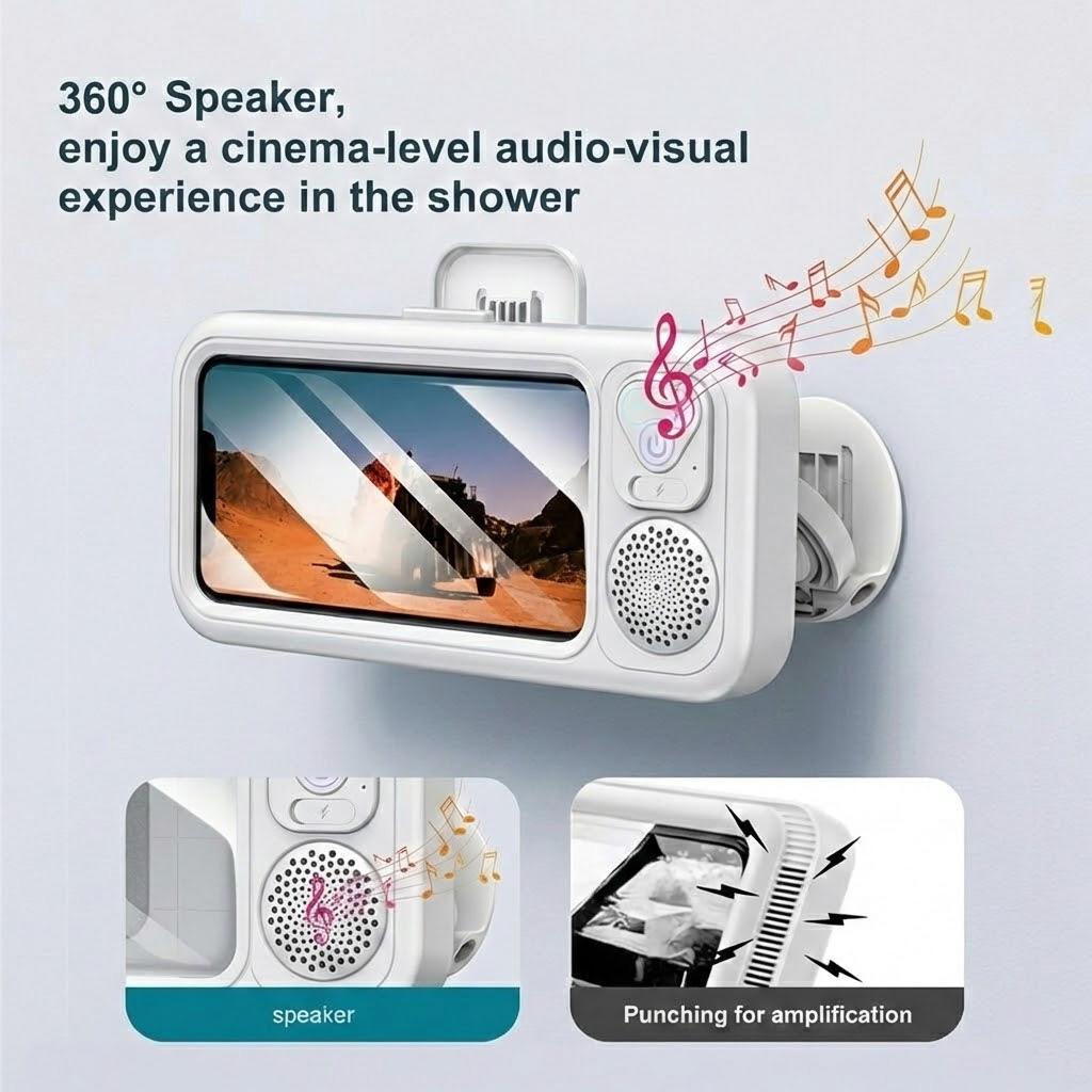 Shower Wall Mount Phone Case with Bluetooth Speaker, IPX7 Waterproof Touch Screen 360° Rotation Phone Holder for Bathroom