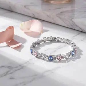 Women's Stainless Steel Silver Pink & Blue Heart Gemstone Bracelet